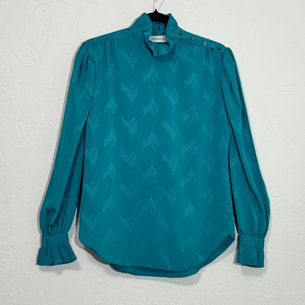 Bethany Classics Blouse Womens XL Teal Ruffle Neck Jacquard Long Sleeve - Picture 2 of 9